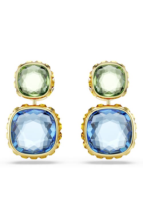 Swarovski Chroma Gold-tone Plated Cushion Cut Drop Earrings In Blue Multi