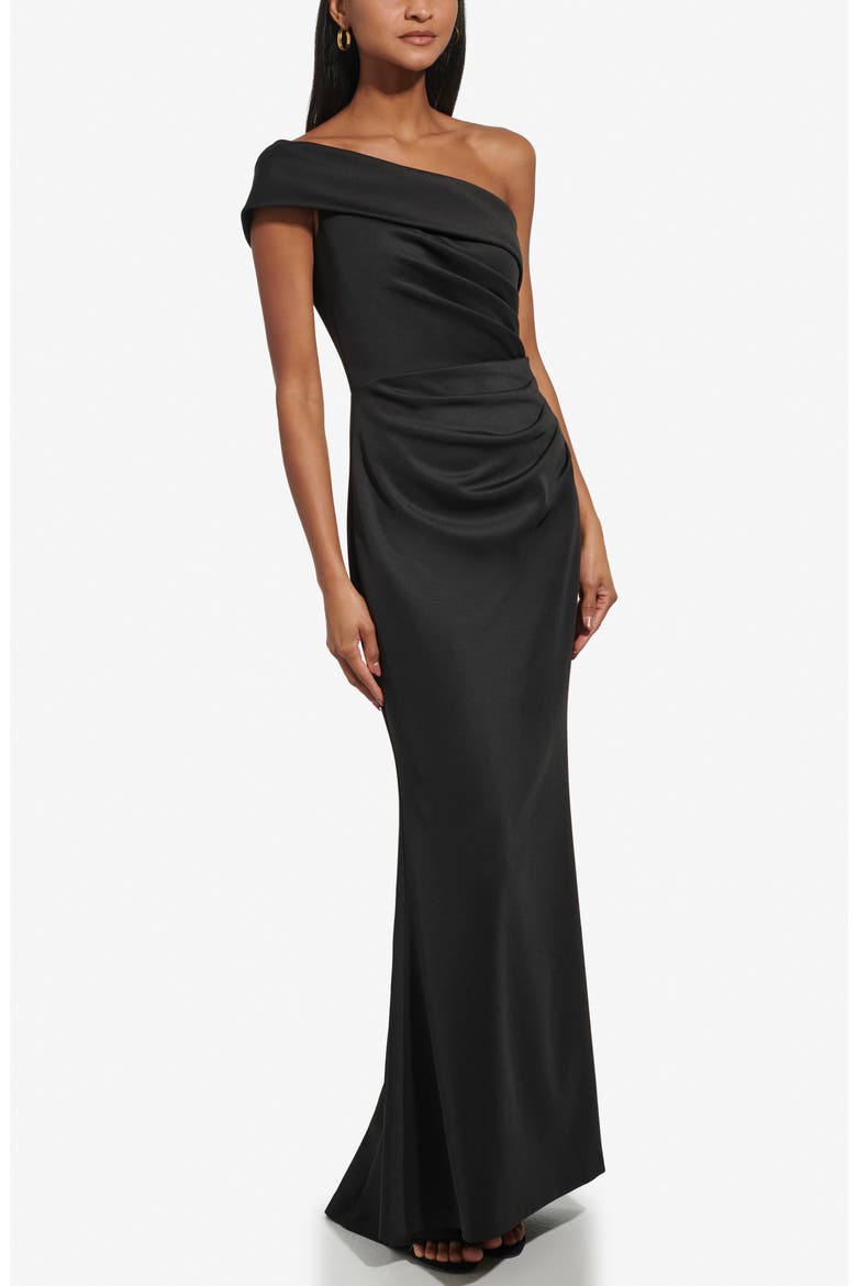 One-Shoulder Ruched Gown, Alternate, color, BLACK