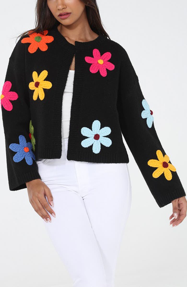 RAIN AND ROSE Flower Pop Cardigan, Main, color, Black