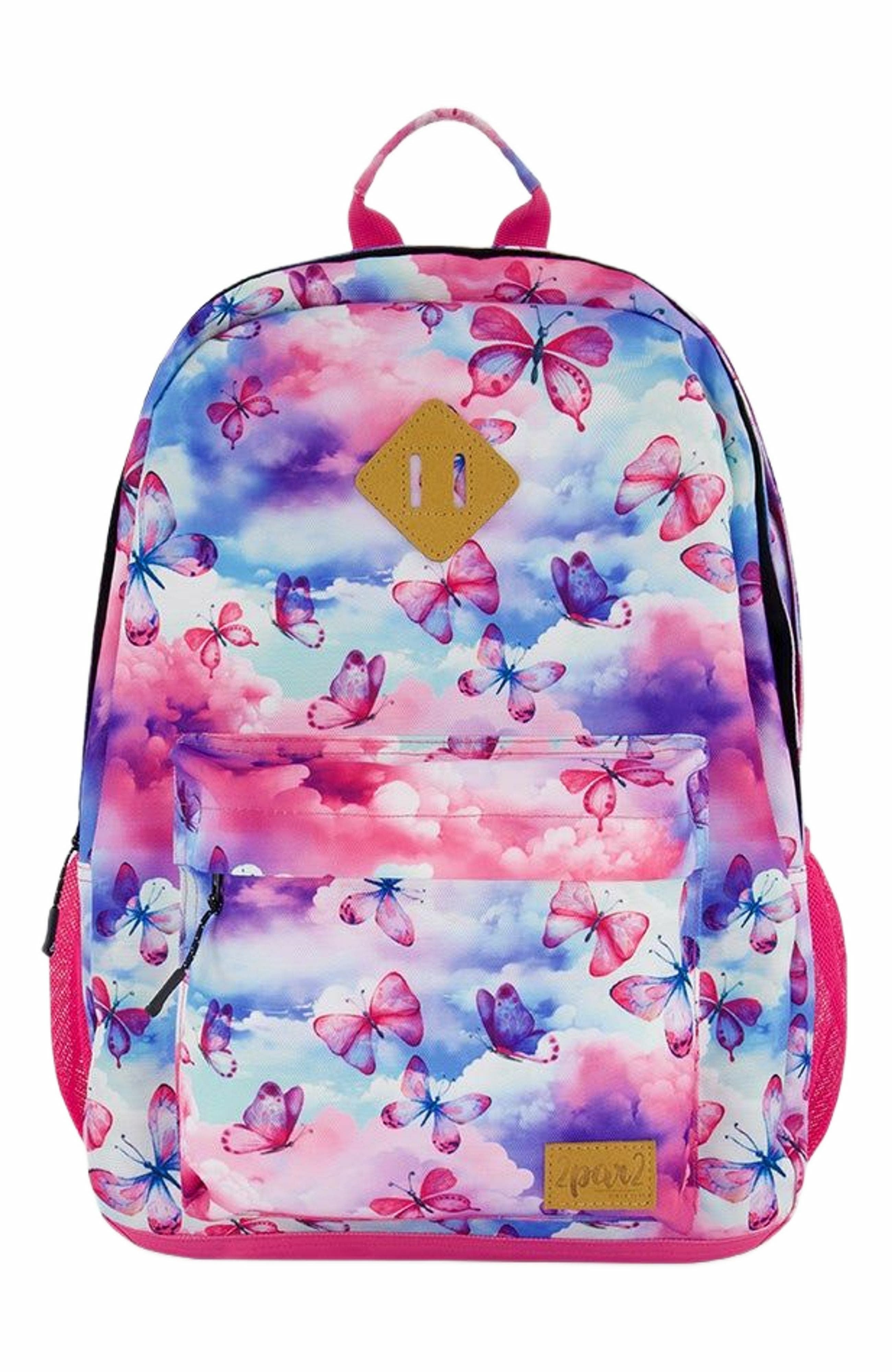 Deux par Deux Girl's Backpack Butterflies On Multicolored And Vibrant Pink Background, Main, color, 