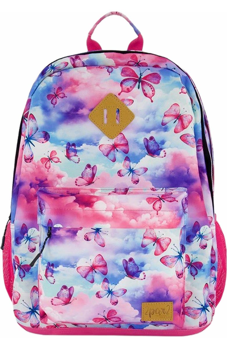 Deux par Deux Girl's Backpack Butterflies On Multicolored And Vibrant Pink Background, Main, color,