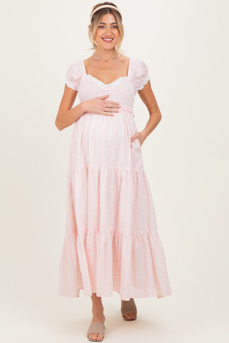 Floral Lace Trim Tiered Maxi Dress, Alternate, color, Light Pink