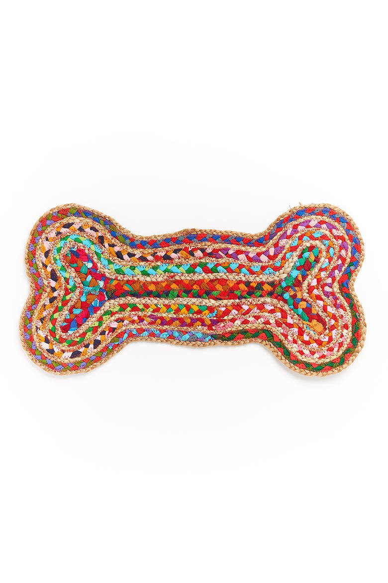 Chindi Rug Dog Bone Pet Food Mat - Assorted, Hand Woven, Main, color, Multi Color