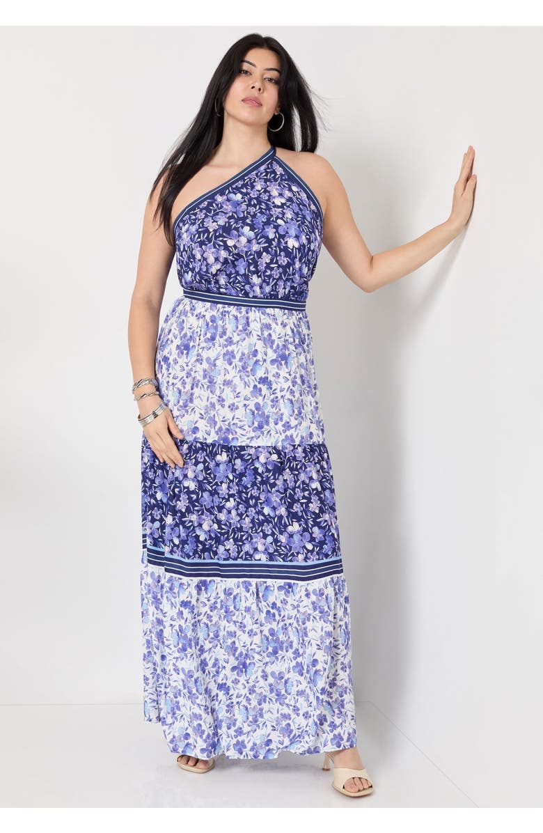 June + Vie One-Shoulder Tiered Maxi Dress, Alternate, color, Flower Field Blue