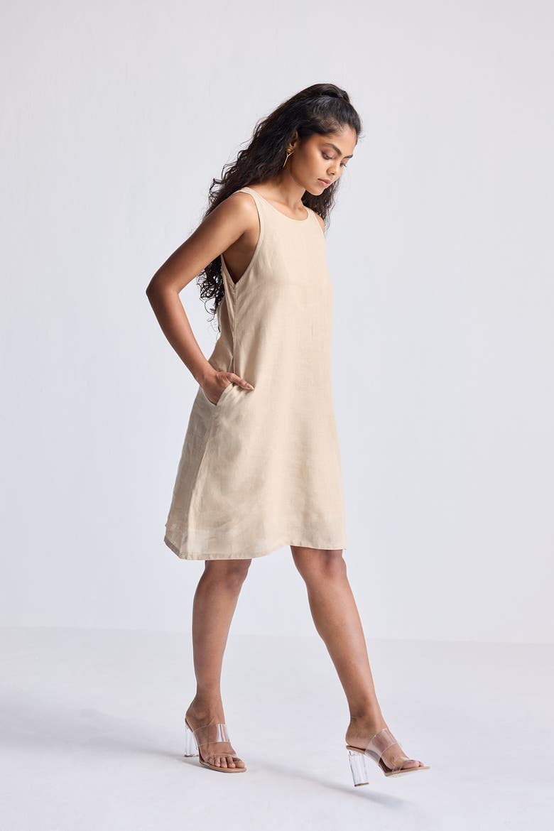 Hemp Short Dress with Back Embroidery, Alternate, color, Beige