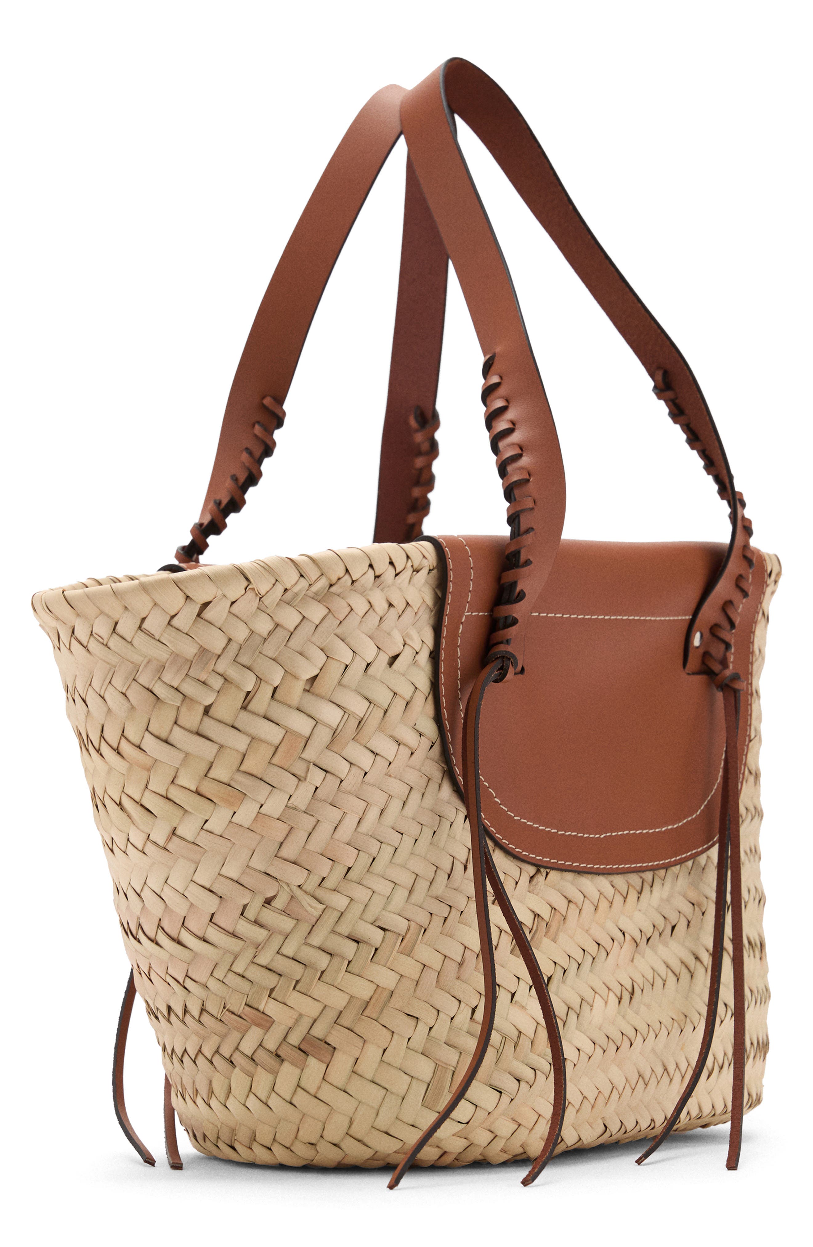 MANGO Large Straw Basket Bag, Alternate, color, Leather