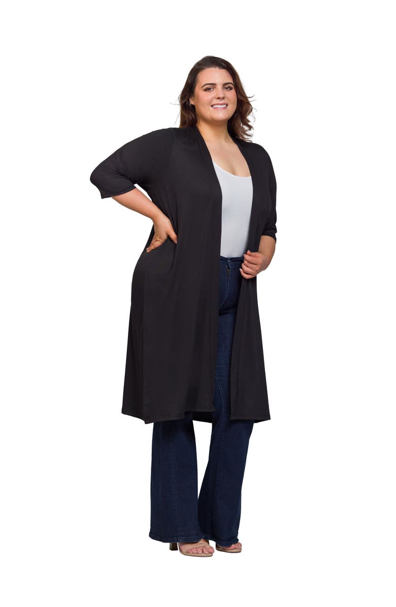 24seven Comfort Apparel Open Front Knee Length Duster Cardigan, Alternate, color, Black