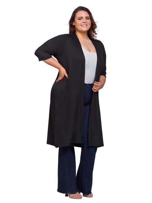 24seven Comfort Apparel Open Front Knee Length Duster Cardigan In Black