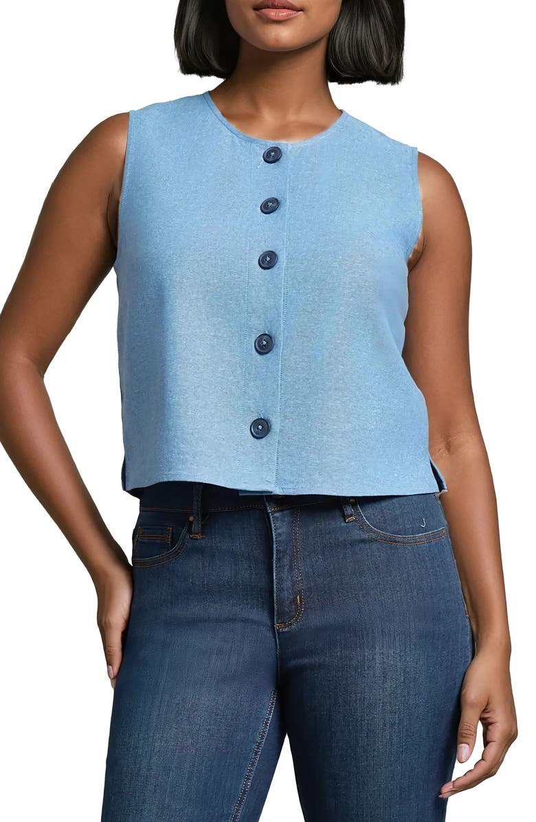 Jones New York Front Button Sleeveless Linen Blend Top, Main, color,