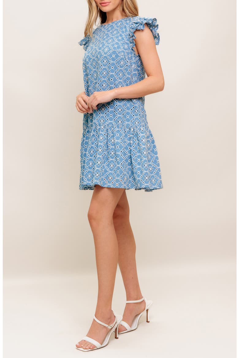 Embroidered Eyelet Cap Sleeve Drop Waist Dress, Alternate, color, BLUE/ IVORY