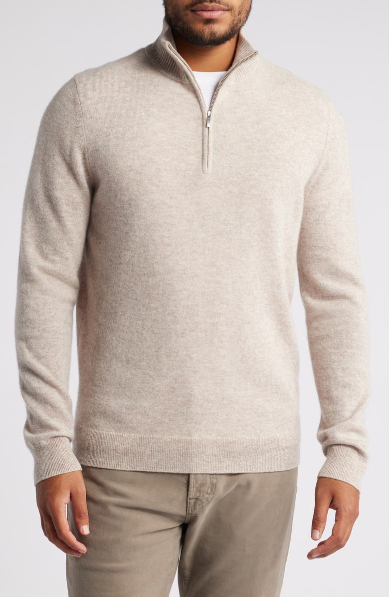 Nordstrom Cashmere Quarter Zip Pullover Sweater, Main, color, Tan Oxford Heather