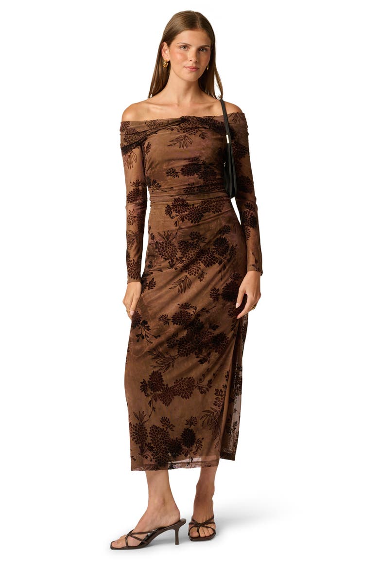 Off the Shoulder Long Sleeve Velvet Mesh Maxi Dress, Alternate, color, CHOCOLATE