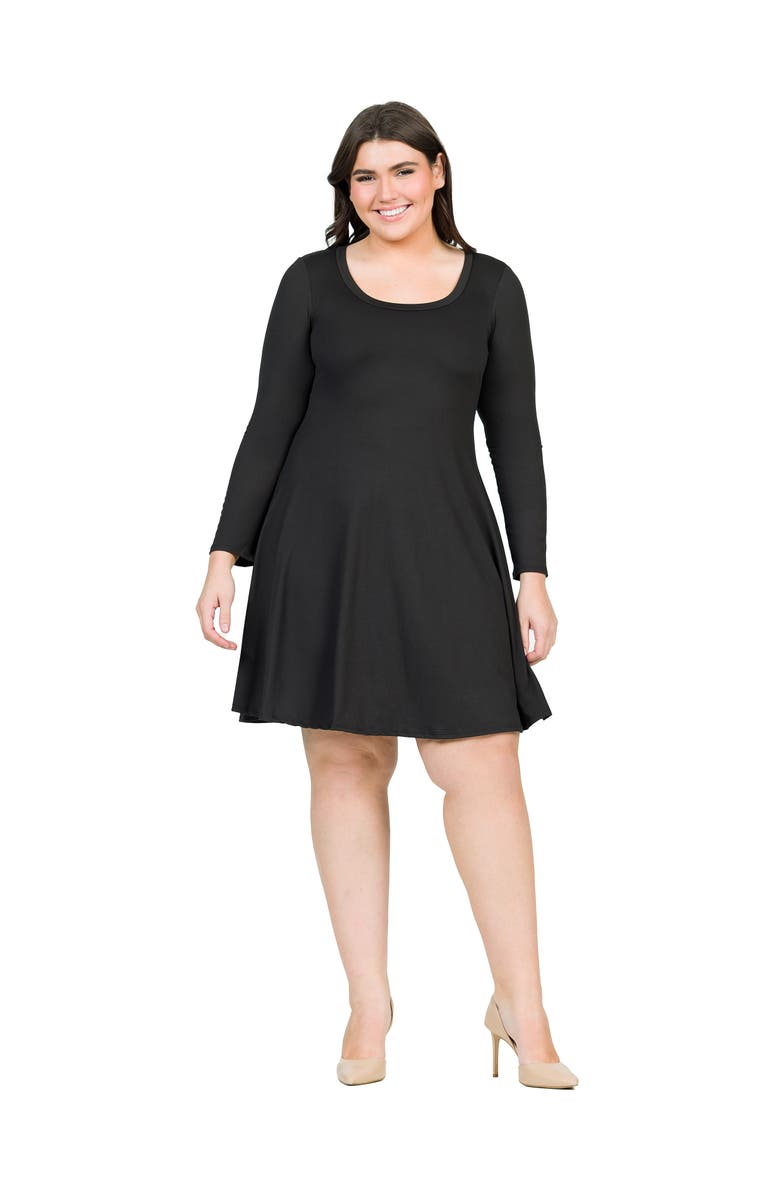 24seven Comfort Apparel Plus Size Classic Long Sleeve  Flared Mini Dress, Main, color, Black