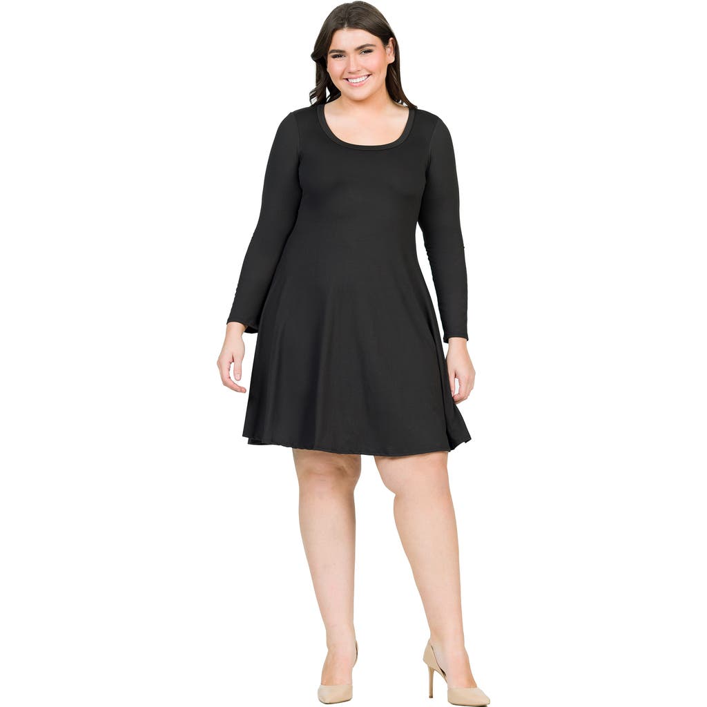 24seven Comfort Apparel Plus Size Classic Long Sleeve Flared Mini Dress In Black