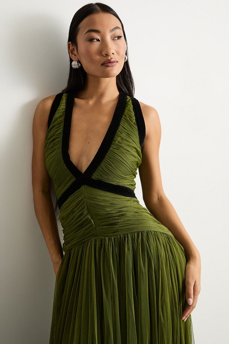 Petite Velvet Trim Tulle Maxi Dress, Alternate, color, Green