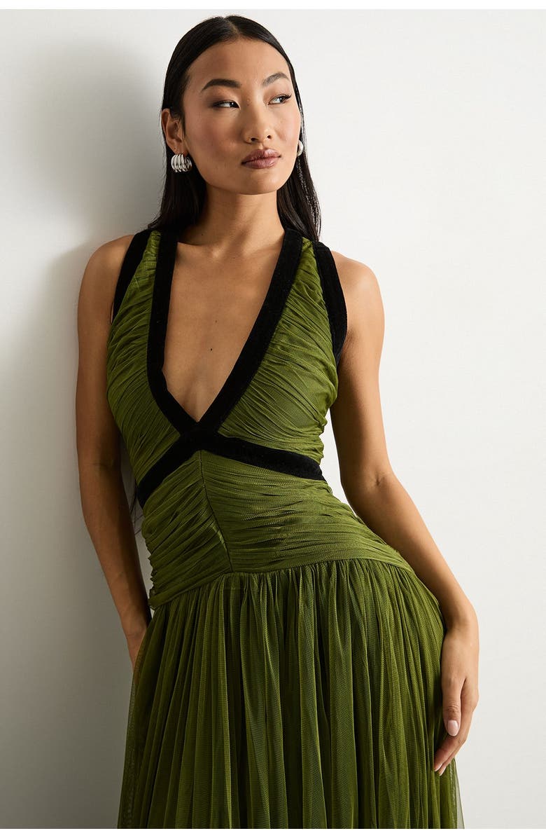 Warehouse Petite Velvet Trim Tulle Maxi Dress, Alternate, color, Green