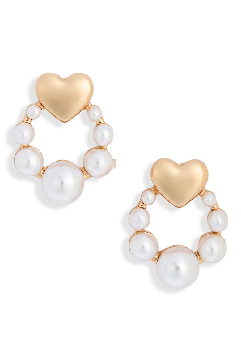 Heart Faux Pearl Doorknocker Stud Earrings, Main, color, WHITE- GOLD