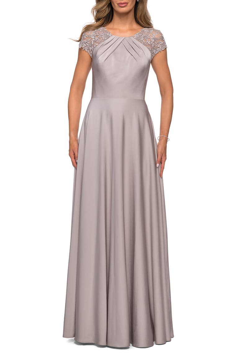 Long Satin Dress with Sheer Floral Lace Cap Sleeves, Main, color, Silver