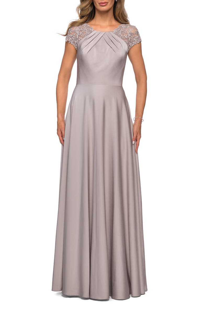 La Femme Long Satin Dress with Sheer Floral Lace Cap Sleeves, Main, color, Silver