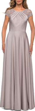 La Femme Long Satin Dress with Sheer Floral Lace Cap Sleeves