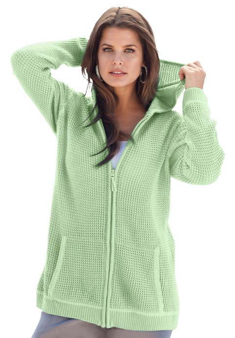 Plus Size Waffle Knit Zip-Front Relaxed Hoodie
