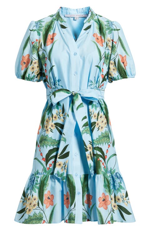 Print Puff Sleeve Tie Waist Dress