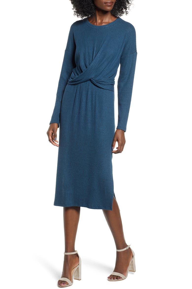 Rib Knit Midi Dress, Main, color, MIDNIGHT NAVY