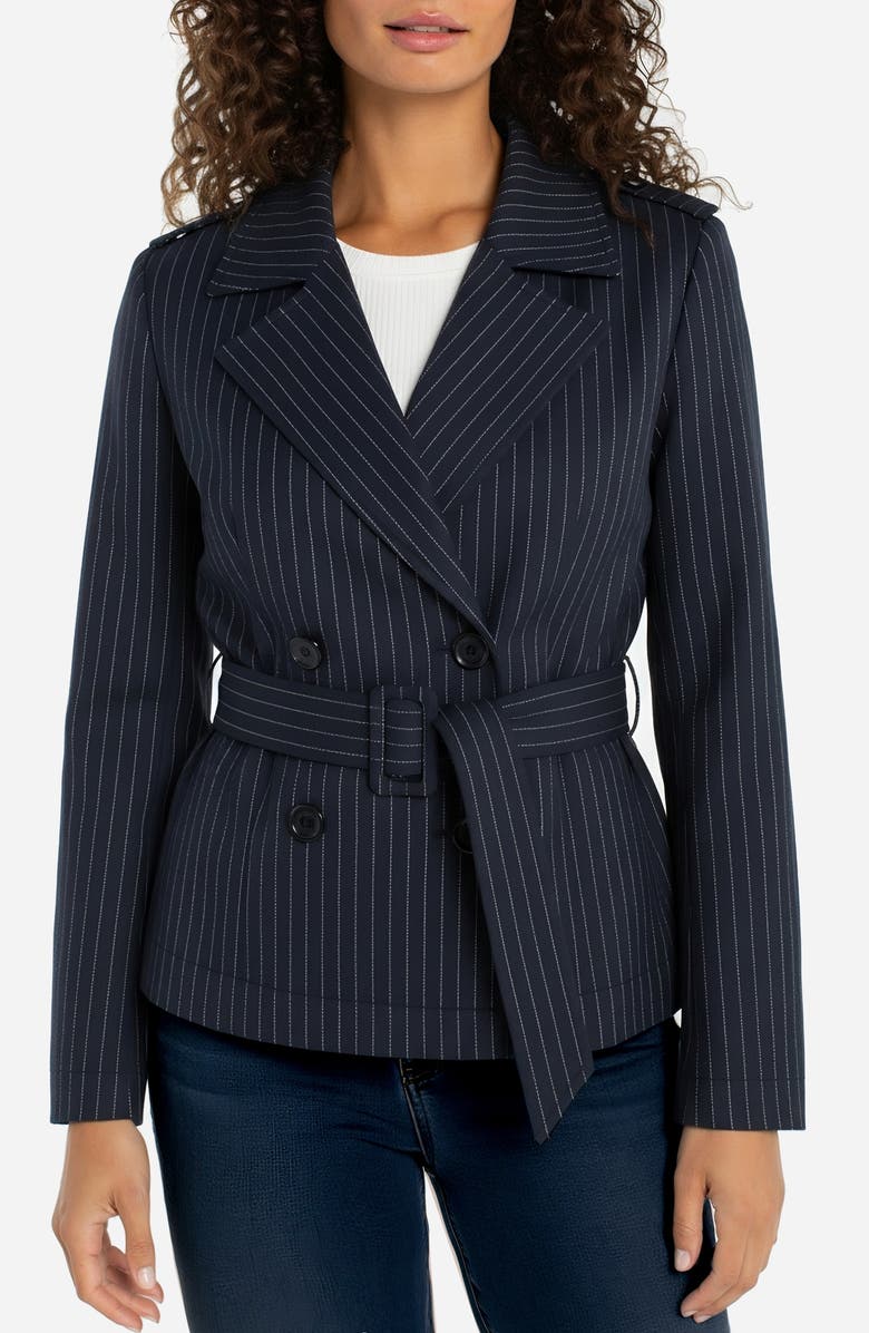 Liverpool Los Angeles Crop Pinstripe Trench Jacket, Main, color, Deep Midnite Stripe