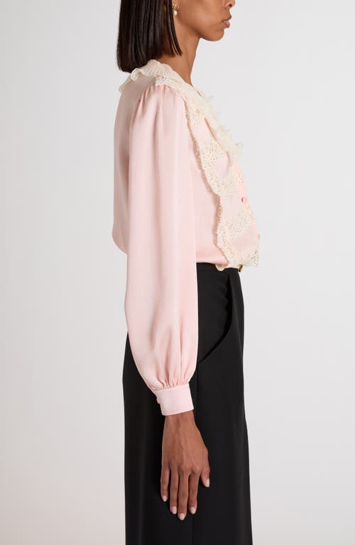 Valentino Ruffle V-neck Lace Trim Silk Shirt In Pink
