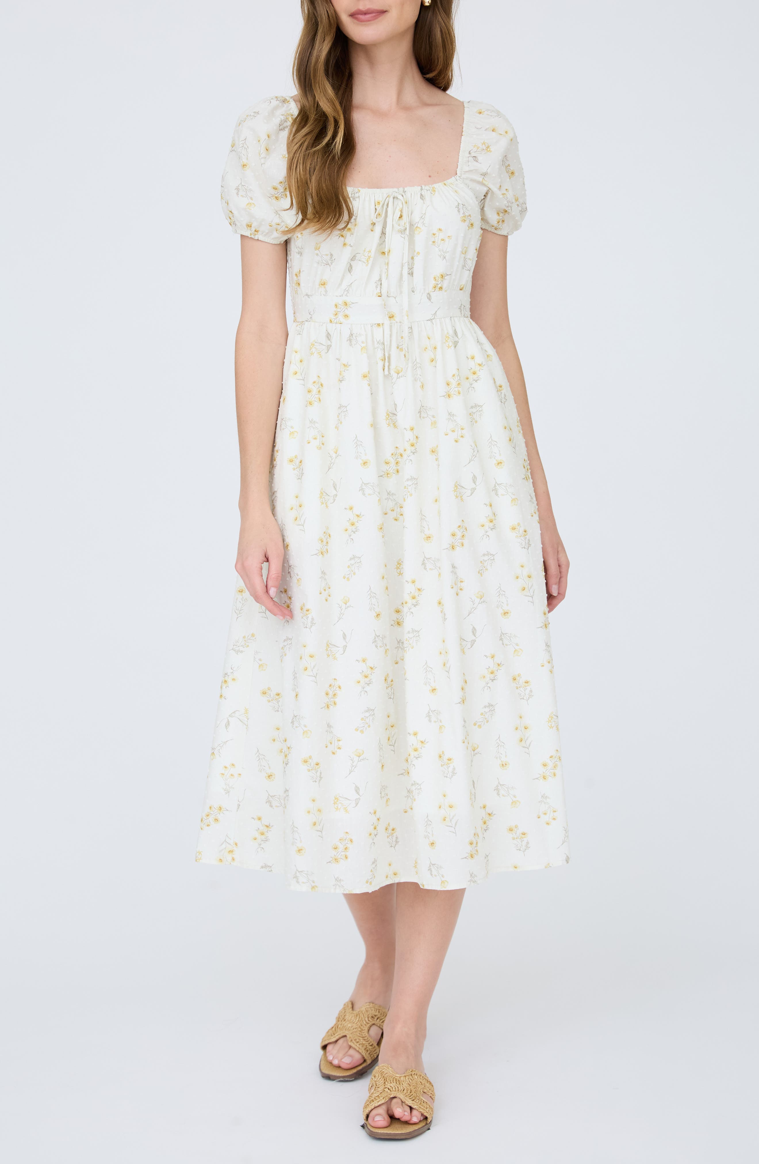 Floral Puff Sleeve Cotton Midi Dress