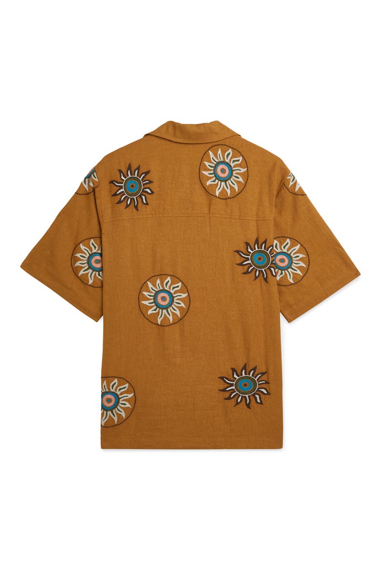 Embroidered Short Sleeve Linen Blend Button-Up Shirt, Alternate, color, CATHAY SPICE