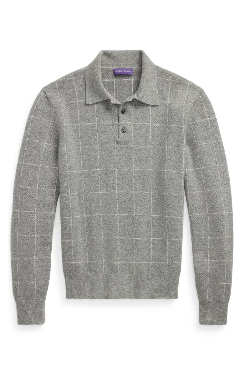 Ralph Lauren Purple Label Windowpane Plaid Cashmere Polo Sweater, Alternate, color, Grey Multi