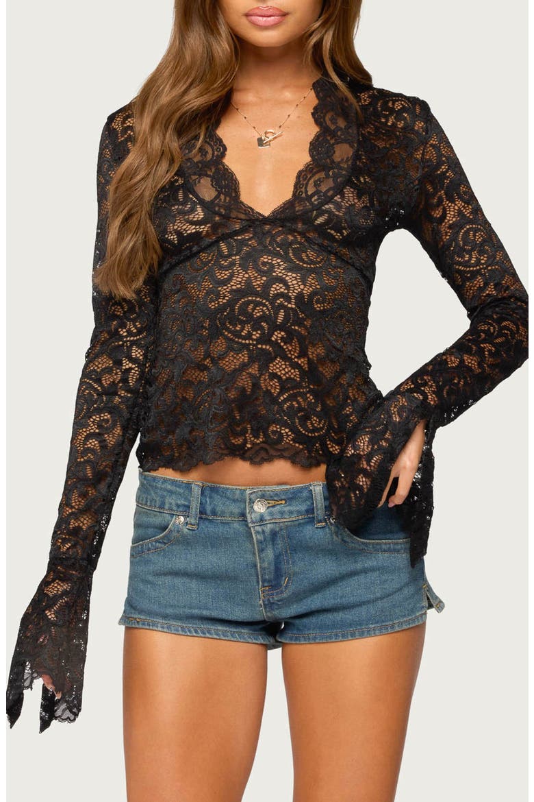 Sheer Lace Bell Sleeve Crop Top, Main, color, BLACK