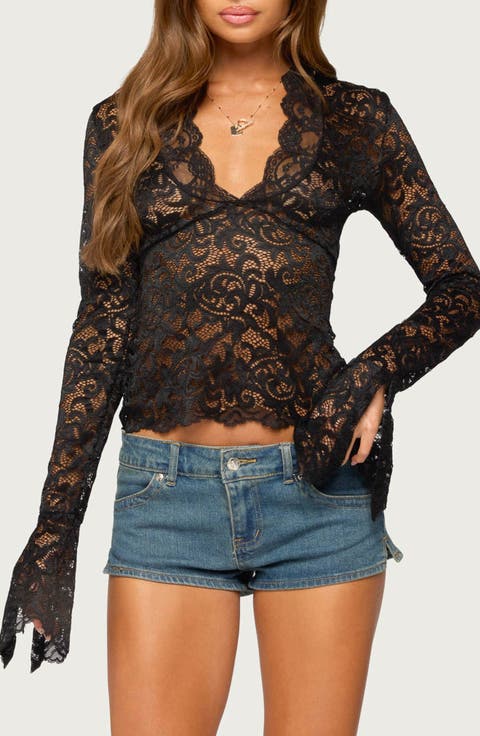 Sheer Lace Bell Sleeve Crop Top