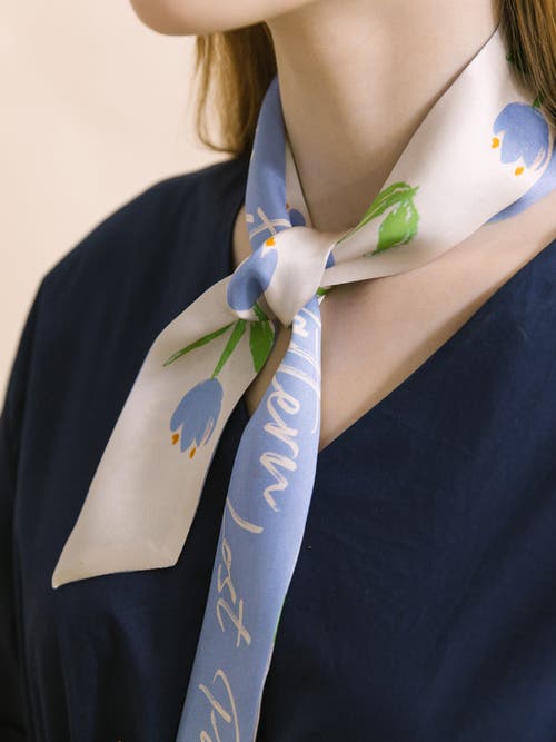 Lost Pattern Nyc "tulip" Silk Skinny Scarf In Blue