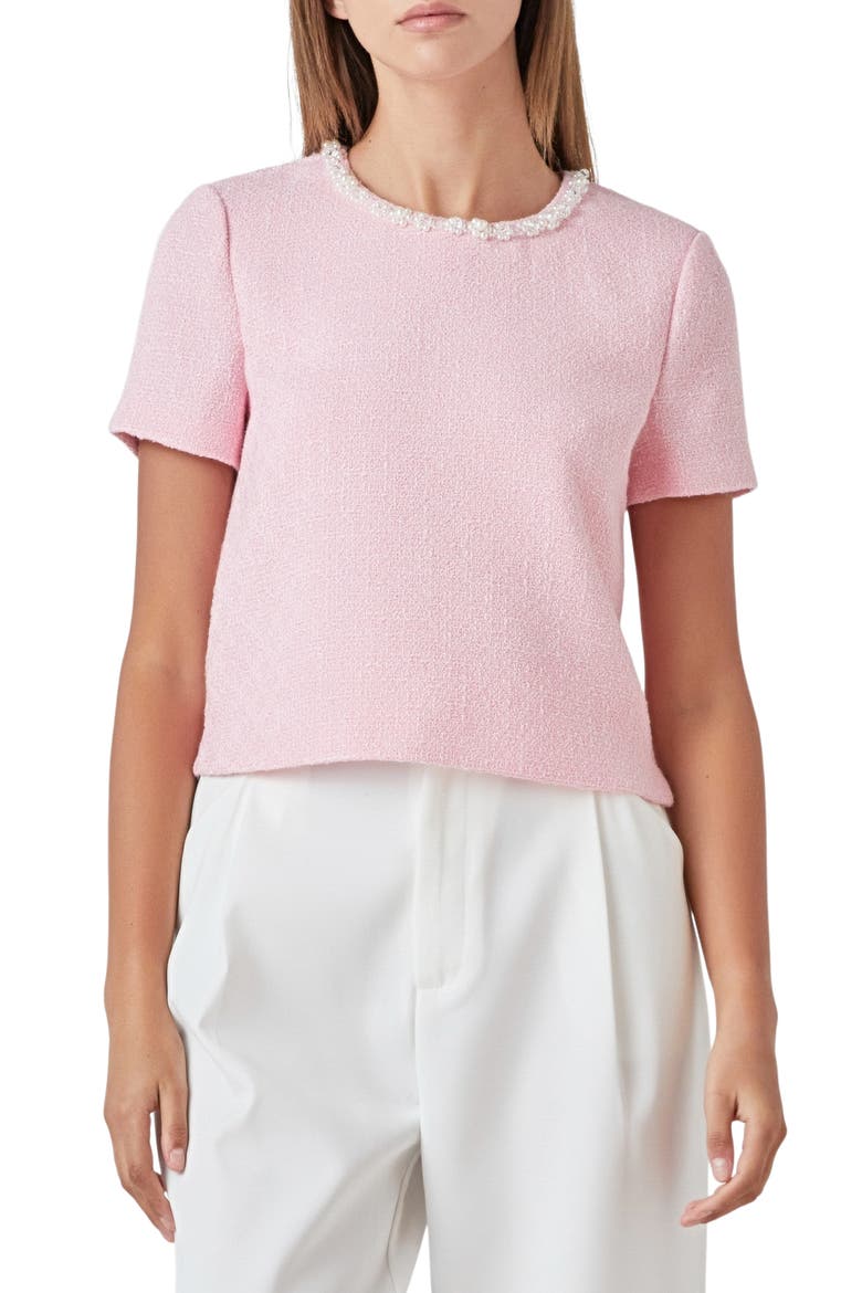 Imitation Pearl Trim Short Sleeve Tweed Top, Main, color, PINK