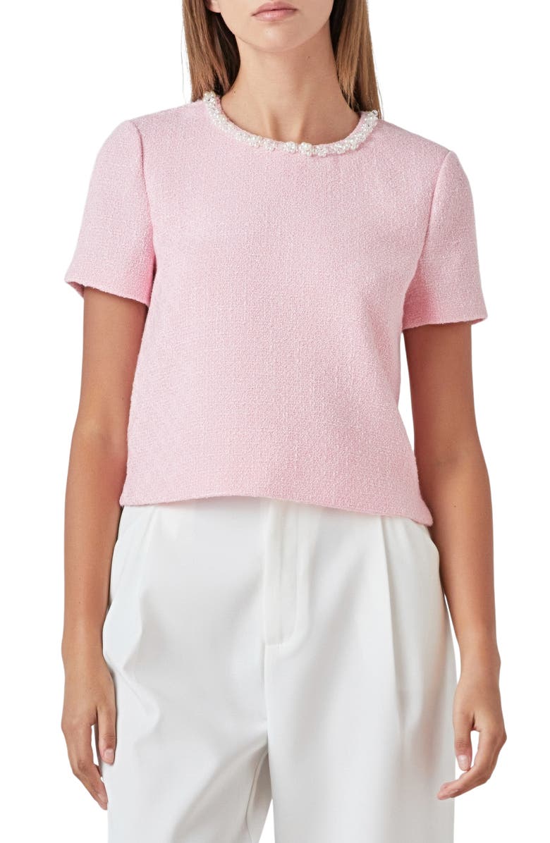 Endless Rose Imitation Pearl Trim Short Sleeve Tweed Top, Main, color, Pink