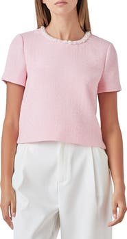 Endless Rose Imitation Pearl Trim Short Sleeve Tweed Top