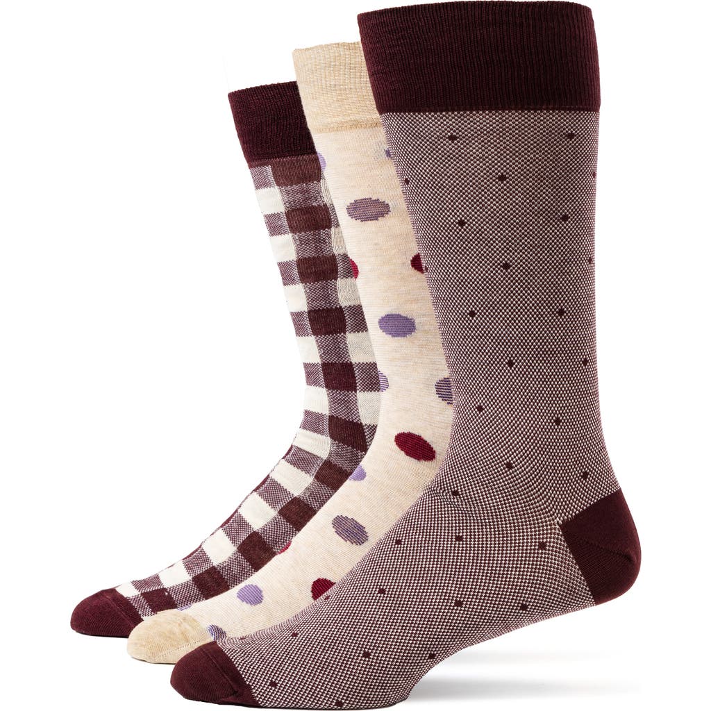 Lorenzo Uomo Mixed Pattern 3-pack Assorted Crew Socks In Taupe