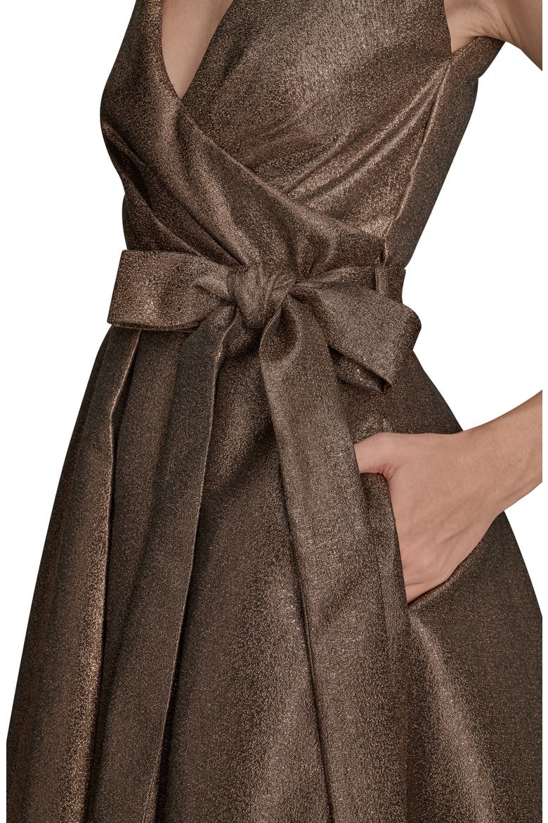 Metallic Jacquard Pleated Faux Wrap Cocktail Dress, Alternate, color, VICUNA