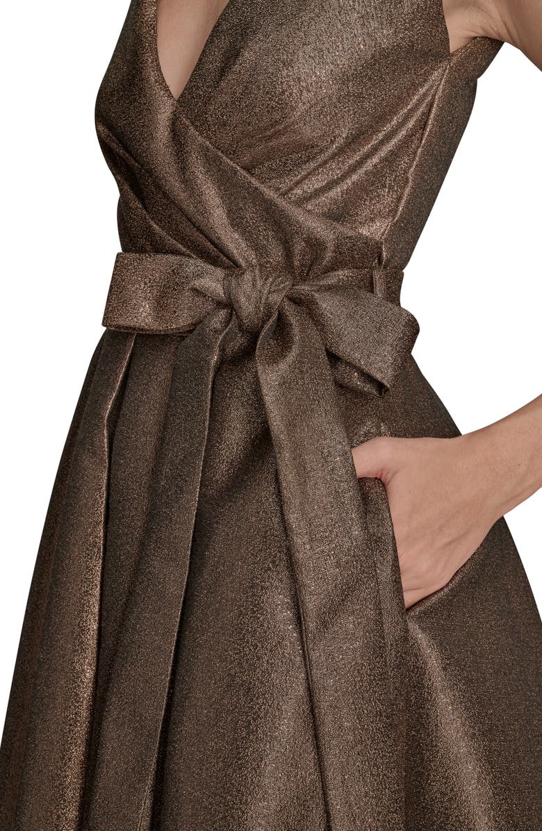Donna Karan New York Metallic Jacquard Pleated Faux Wrap Cocktail Dress, Alternate, color, Vicuna