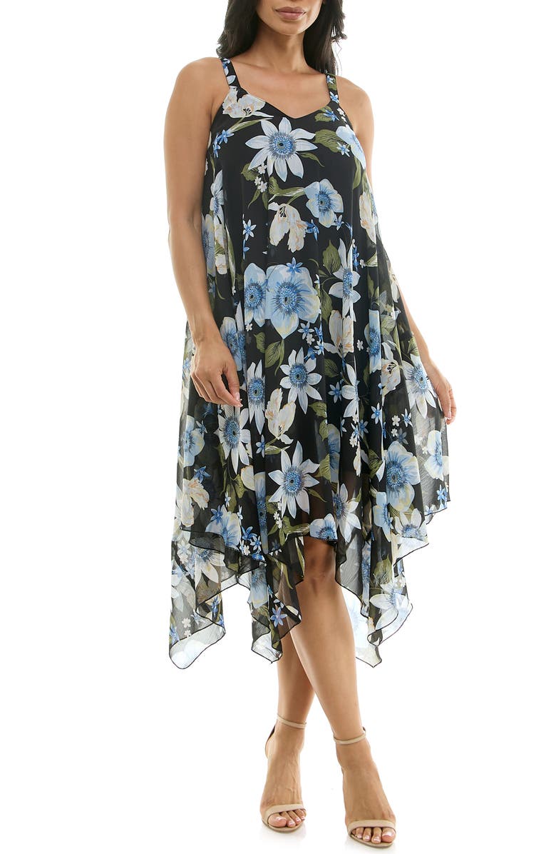 Nina Leonard Patterned Handkerchief Hem Dress, Main, color,