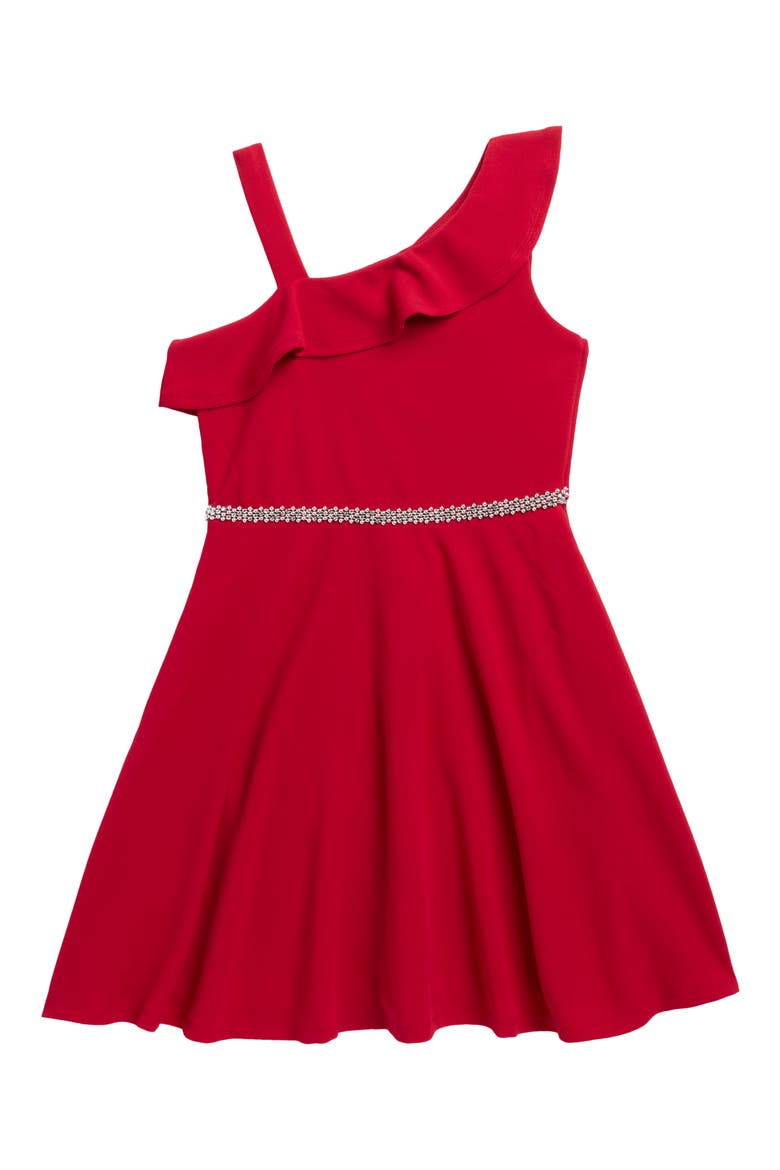 Kids' Ruffle Shoulder Dress with Jeweled Belt, Main, color, RED