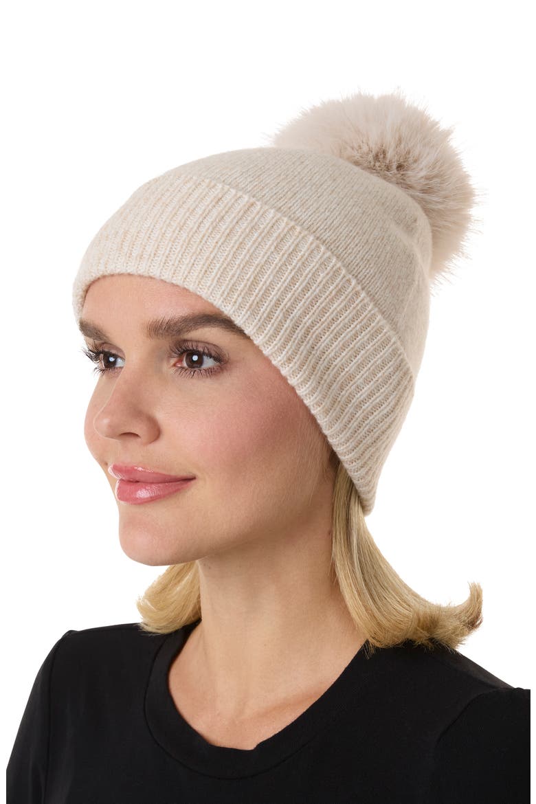 Marled Cashmere Beanie with Faux Fur Pom, Alternate, color, OATMEAL