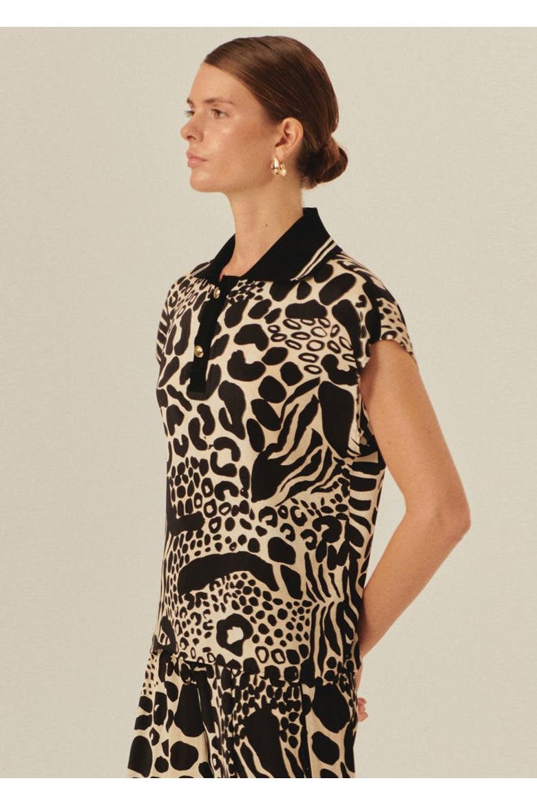 Brinley Abstract Print Sleeveless Shirt Collar Blouse, Alternate, color, Black