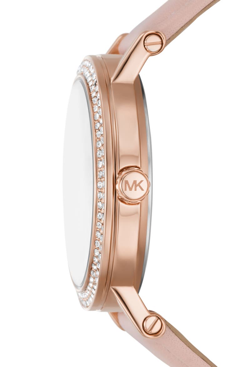 Corey Crystal Pavé Three-Hand Quartz Leather Strap Watch, 38mm, Alternate, color, ROSE GOLD
