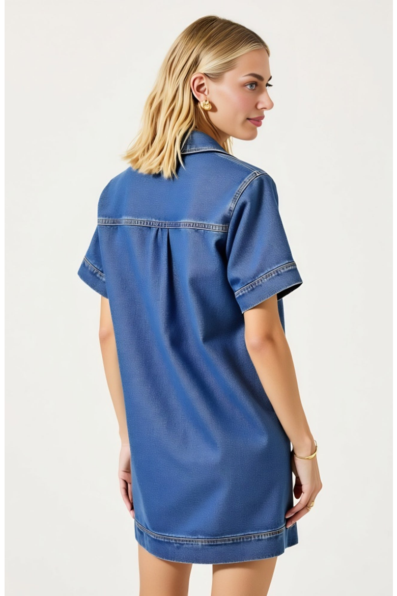 Denim Mini Short Sleeve Chest Patch Pocket Shirt Dress, Alternate, color, Blue