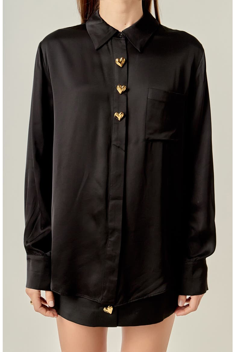 Heart Button Up Satin Shirt, Alternate, color, BLACK
