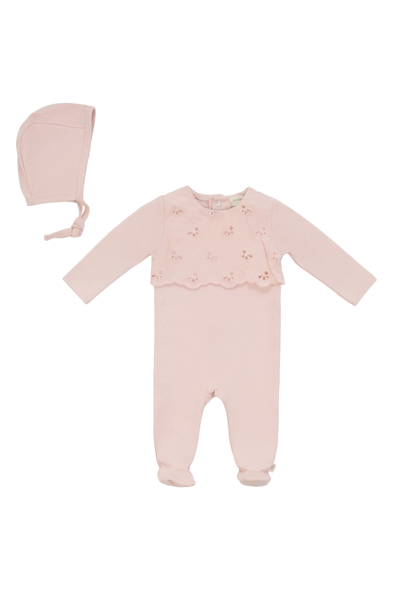 Girl Eyelet Romper with Matching Bonnet, Main, color, Soft Pink