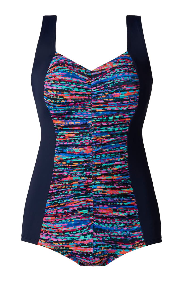 ShapeSolver Shirred Front Princess Seam Girl Leg Plus Size One-Piece Swimsuit, Alternate, color, Pool Party